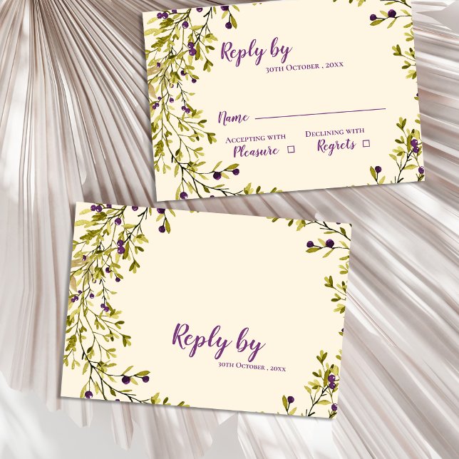Lila Berry Botanical Grey Bröllop OSA Kort (Purple Berry Botanical Greenery Wedding RSVP Card)