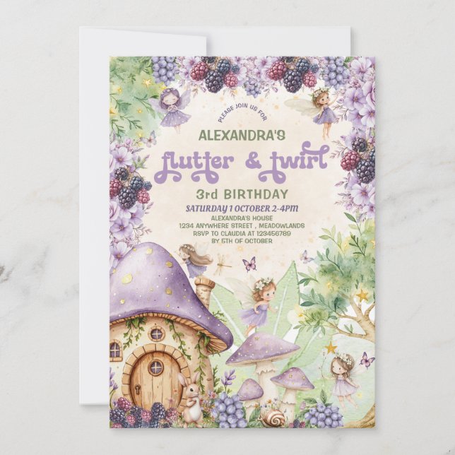 Lila Berry Flutter & Twirl Fairy 3:e födelsedagen Inbjudningar (Framsida)