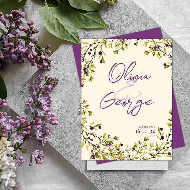Lila Berry Greenery Löv Bröllop spara datum Vykort (Purple Berry Greenery Leaves Wedding Save the Date Postcard)