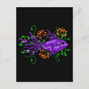Lila Betta Fish Lotus Flowers Aquatic Art Vykort