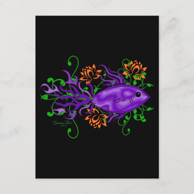 Lila Betta Fish Lotus Flowers Aquatic Art Vykort (Framsida)