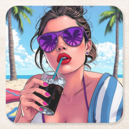 Lila Bikini, solglasögon och Bandana Woman Underlägg Papper Kvadrat
