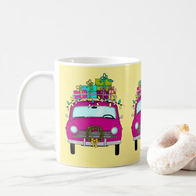 Lila bil med julklappar kaffemugg (Med munk)