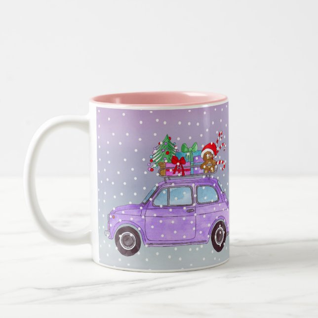 Lila bil med julklappar Två-Tonad mugg (Vänster)