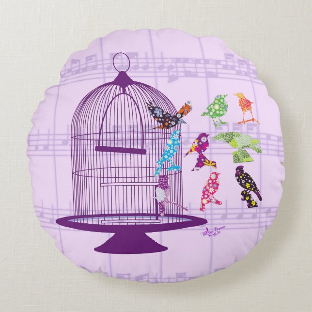 Lila Birdcage & Birds Lakan Music Round Pillow Rund Kudde (Framsidan)