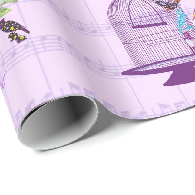 Lila Birdcage & Birds Lakan Music Wrapping Papper Presentpapper (Rullad Hörn)