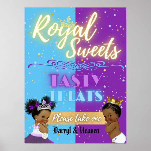 Lila|Blå Afro Gender Reveal Royal Sweets-tecken Poster (Framsidan)