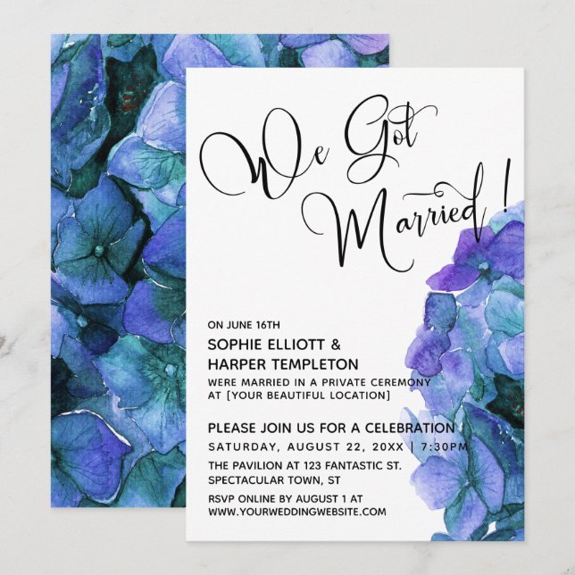 Lila Blå Akrylbläck Hydrangea Vi Gift Oss Inbjudningar (Fram/baksida)