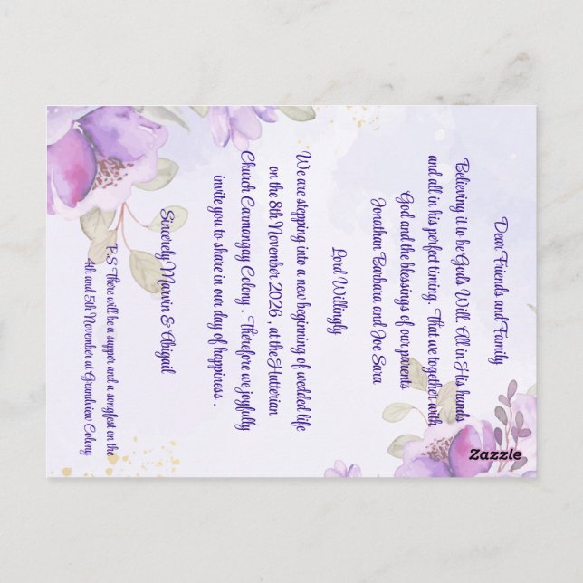 Lila Blå Akvarell Blommig Bröllopsinbjudan Vykort (Baksida)