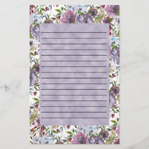 Lila Blå Akvarell Blommig Linjerad Brevpapper