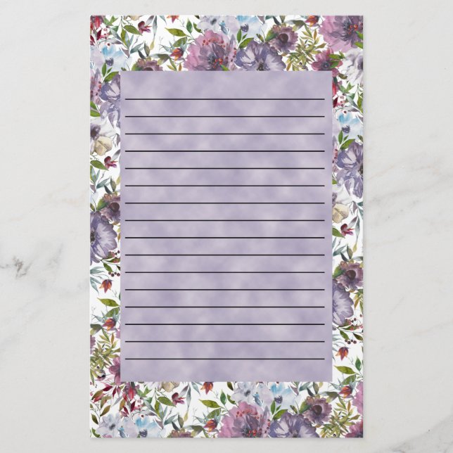 Lila Blå Akvarell Blommig Linjerad Brevpapper (Framsida)