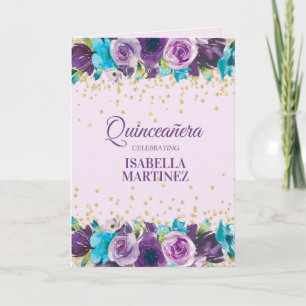 Lila Blå Akvarell Blommig Quinceañera Foto Kort
