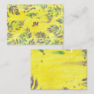 Lila Blå Blad Monogram på Gula Notkort Anteckningskort
