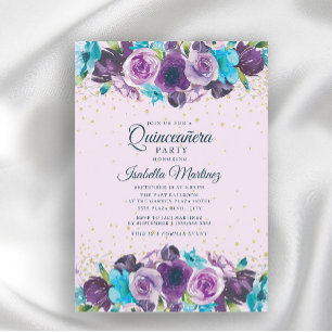 Lila Blå Blommig Guld Glitter Quinceañera Inbjudningar