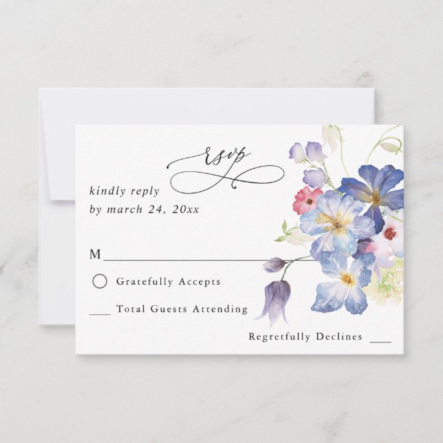 Lila Blå Blommig ingen måltid RSVP OSA Kort (Framsida)