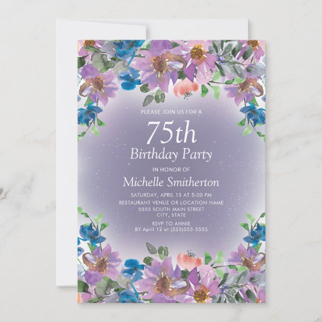 Lila Blå Blommig Kvinnas 75-årsdag  Inbjudningar (Framsida)