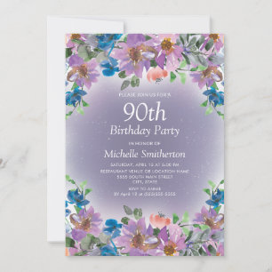 Lila Blå Blommig Kvinnas 90-årsdag Inbjudningar