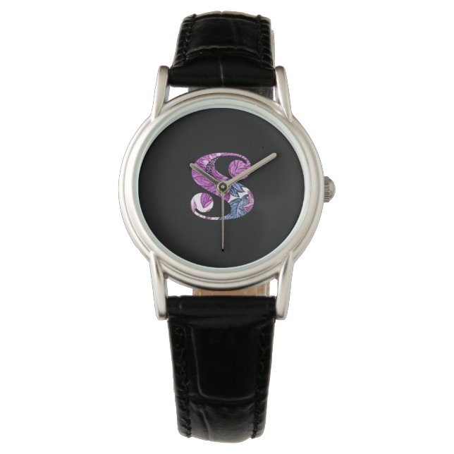 Lila Blå Blommig Monogram S Ur Armbandsur (Framsida)