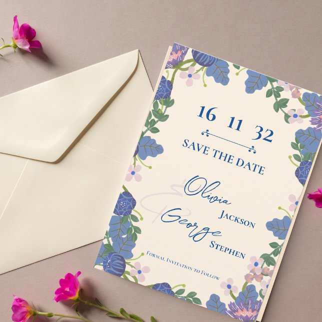 Lila Blå Blommig Romantisk Bröllop Spara Datumet (Purple Blue Floral Romantic Wedding Save the Date)