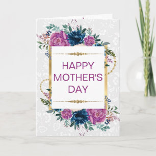 Lila Blå Blommor & Guld Glitter Mors Dag Kort