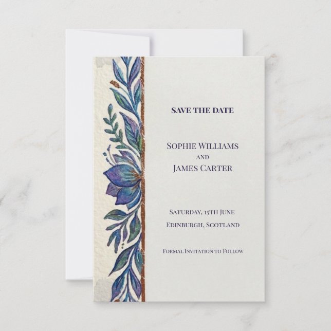 Lila Blå Botanisk Save The Date-kort Spara Datumet (Framsida)