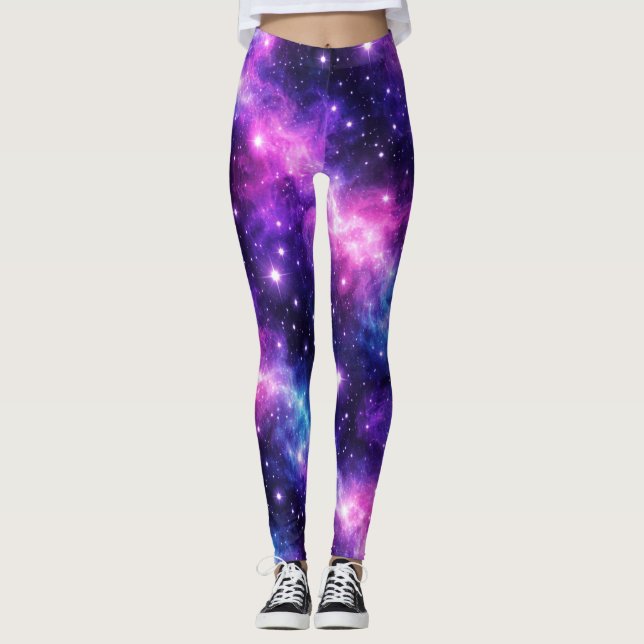 Lila Blå Galaxnebulastrumpbyxor Sömlösa Kosmos Leggings (Framsida)