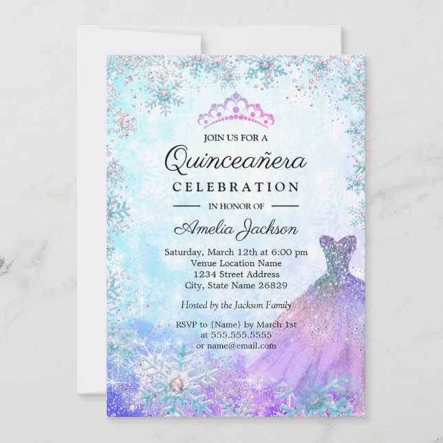 Lila Blå Glittrande Snöflingor Vinter Quinceanera Inbjudningar (Framsida)