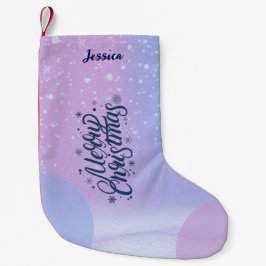 Lila & Blå God Jul Vattenfärg Snöflinga Liten Julstrumpa