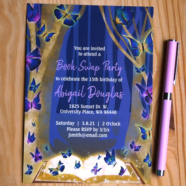 Lila, Blå, Guld Glittrande Magisk Skog Inbjudningar (Blue and purple enchanted forest book swap birthday party, magical book and butterflies)