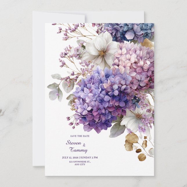 Lila Blå Hortensia Guld Blommig Akvarell Inbjudningar (Framsida)