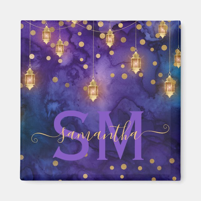 Lila & Blå Lykta Glöd Monogram Magnet (Framsidan)