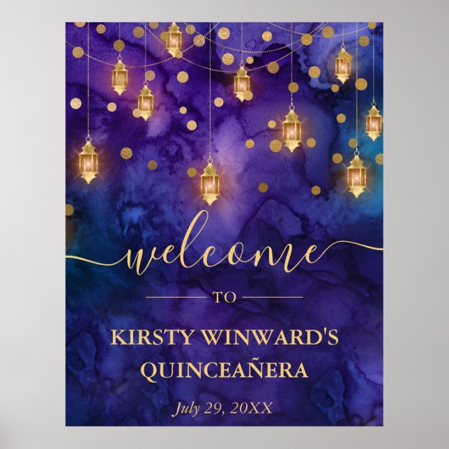 Lila & Blå Lykta Quinceanera Glow Poster (Framsidan)