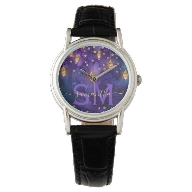 Lila & Blå Lyktglöd Monogram Armbandsur (Framsida)