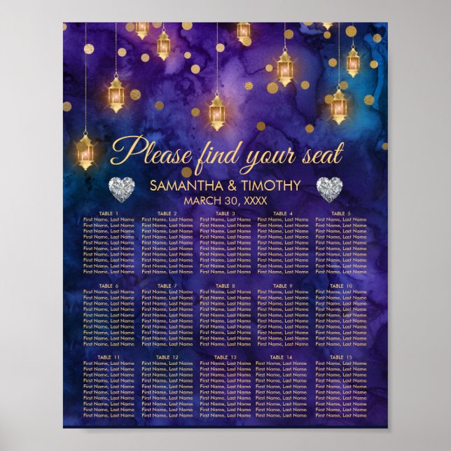 Lila Blå Lyktor & Bokeh Bröllopsställningsdiagram Poster (Framsidan)