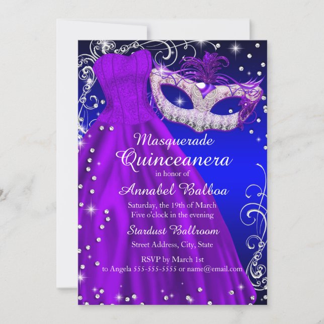 Lila Blå Mask & Klänning Masquerade Quinceanera Inbjudningar (Framsida)