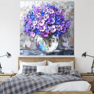 Lila Blå och Grå Blommig Konsttryck Canvastryck