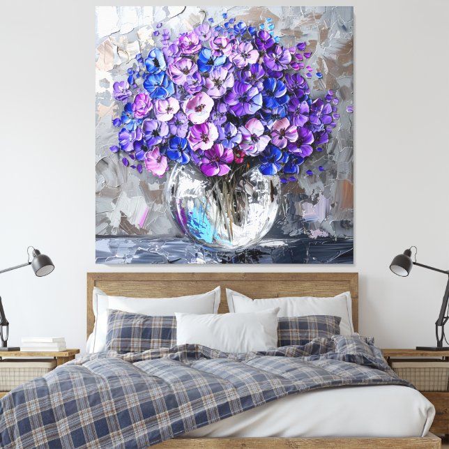 Lila Blå och Grå Blommig Konsttryck Canvastryck (Insitu (sovrum))