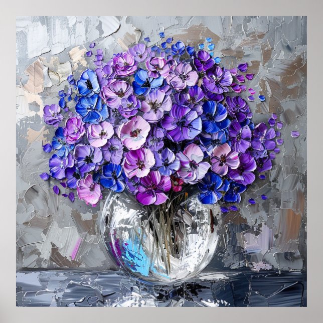 Lila Blå och Grå Blommig Konsttryck Poster (Framsidan)