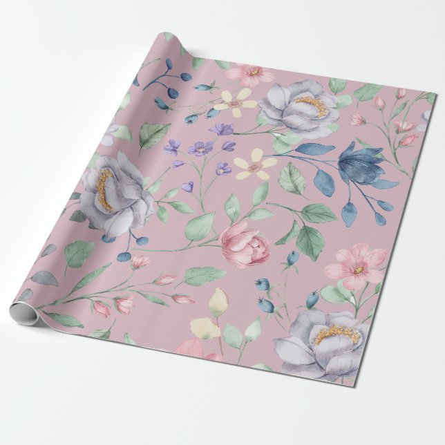 Lila Blå Och Gula Blommor Lila Presentpapper (Utrullad)