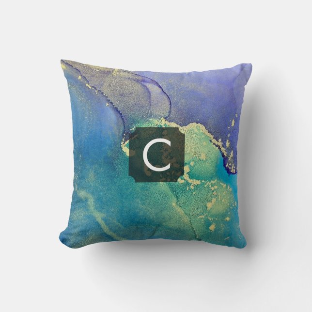 Lila Blå Och Guld Abstrakt Konst Monogram Kudde (Framsida)