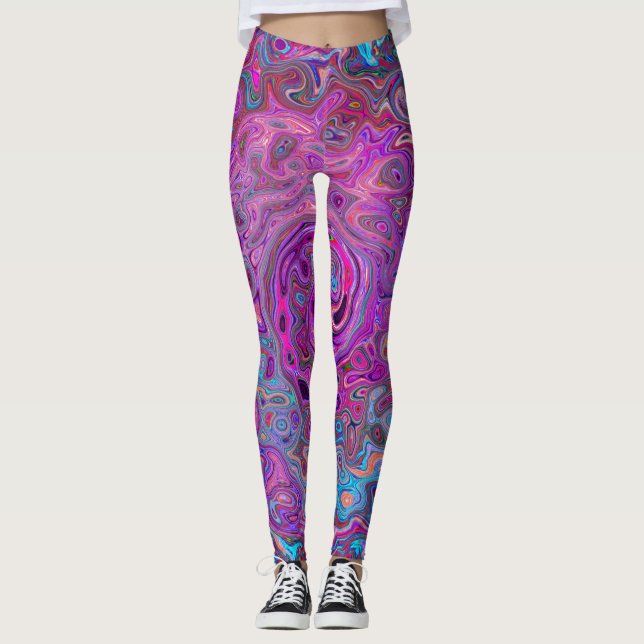 Lila, blå och röd Abstrakt Retro Swirl Leggings (Framsida)