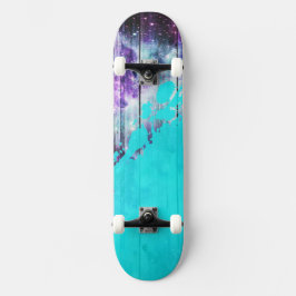 Lila, blå och Teal Wood Planks & Paint Splatter Old School Skateboard Bräda 21,6 Cm