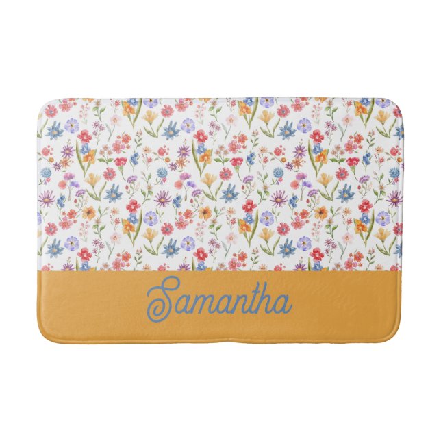 Lila Blå Röd Akvarell Vildblomma Monogram Badrumsmatta (Framsidan)