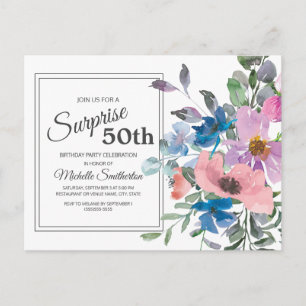 Lila Blå Rosa Akvarell Blommig 50-årsdag Vykort