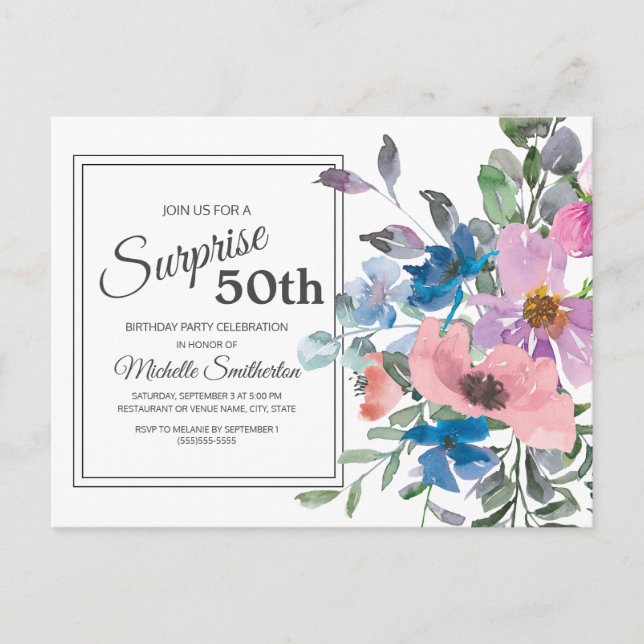 Lila Blå Rosa Akvarell Blommig 50-årsdag Vykort (Framsida)