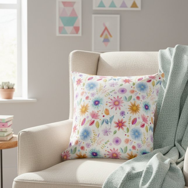 Lila Blå Rosa Boho Vildblomma Kudde (Skapare uppladdad)
