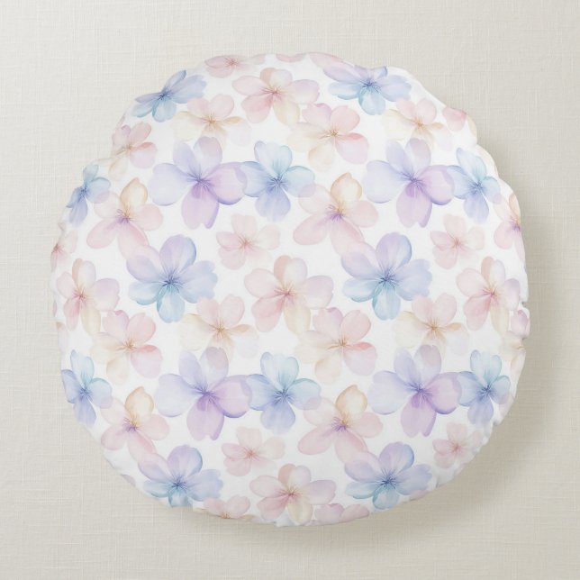 Lila Blå Rosa Flickaktiga Blommor   Rund Kudde (Framsidan)