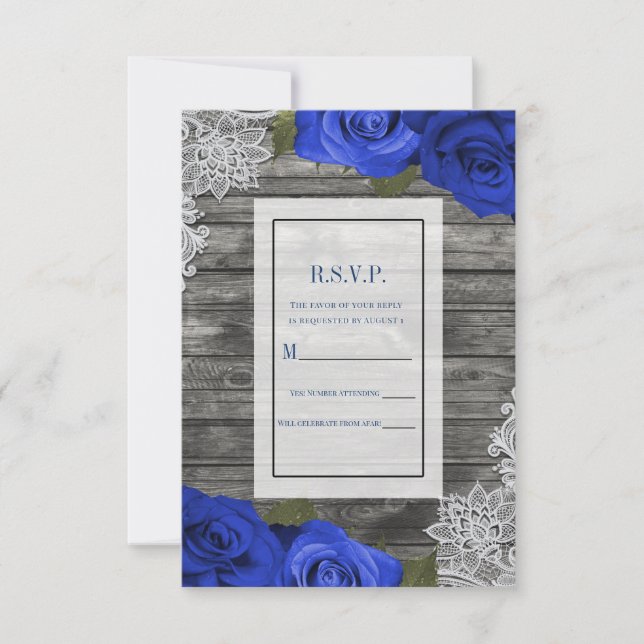 Lila Blå Rosor Rustik Trä Vit Spets RSVP Inbjudningar (Framsida)
