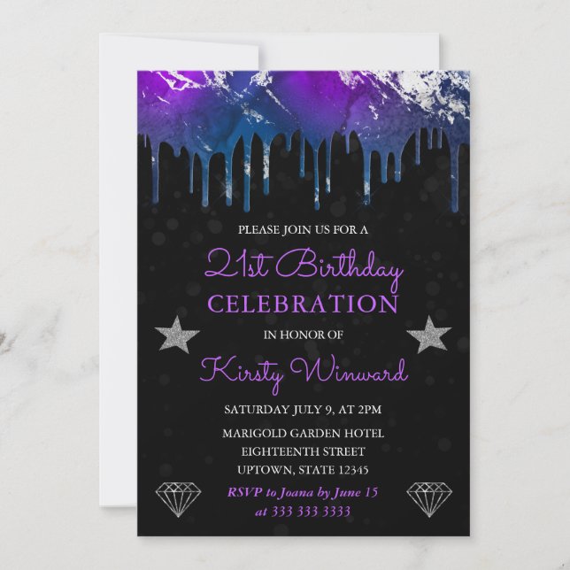 Lila, Blå & Silver Galaxmarmor 21-årsdag Inbjudningar (Framsida)