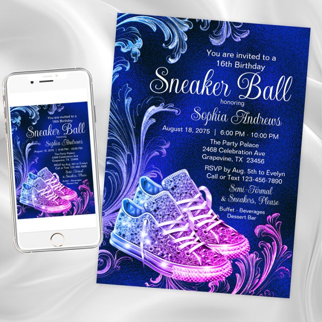Lila Blå Sneaker Ball Födelsedagsfest  Inbjudningar (Purple blue sneaker ball invitation. Instant download and printed invitations available.)